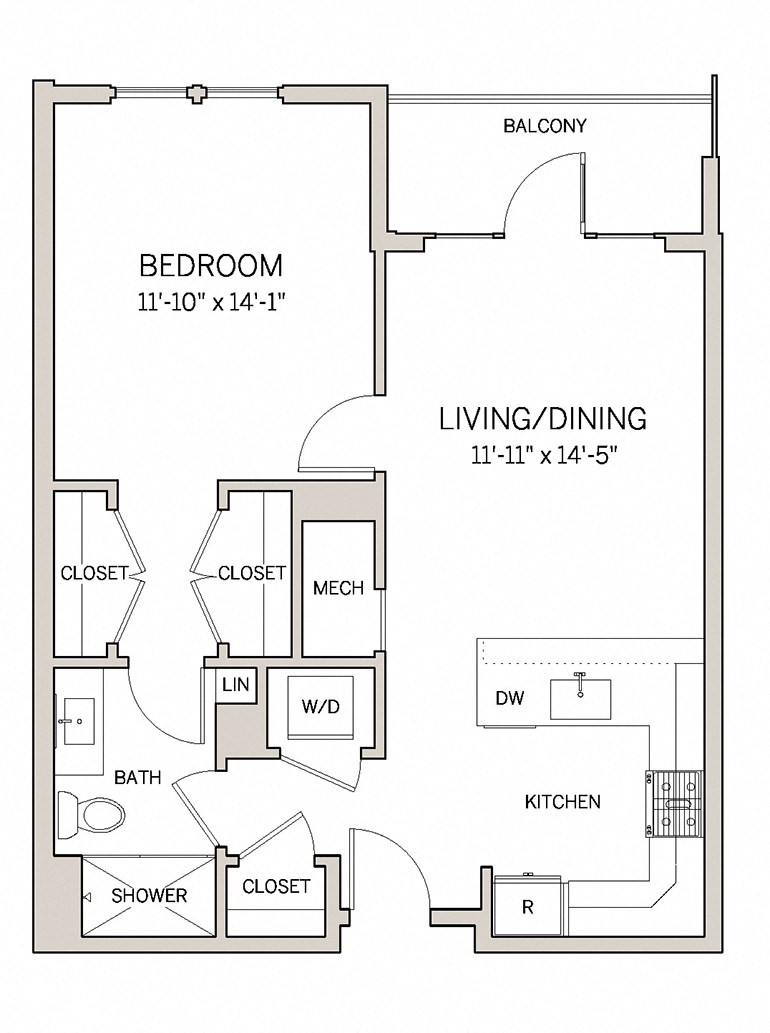 Floor plan for 1 bed, 1 bath, 736 sqft